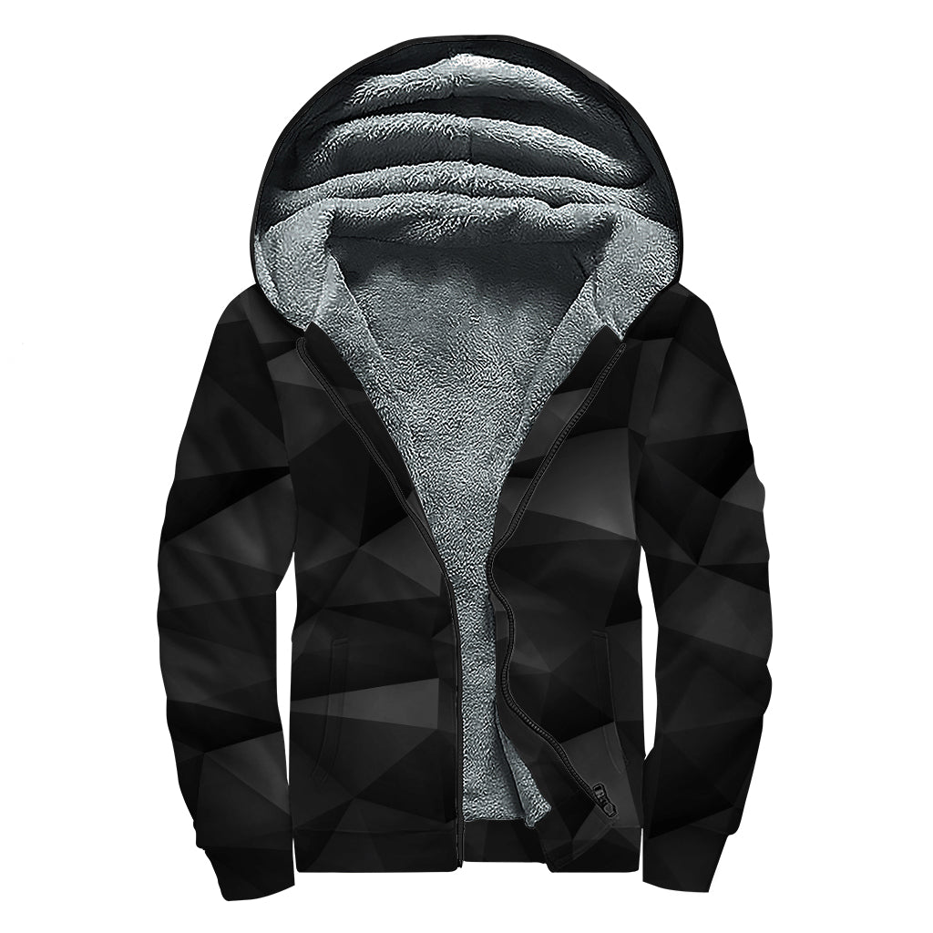 Black Polygonal Geometric Print Sherpa Lined Zip Up Hoodie