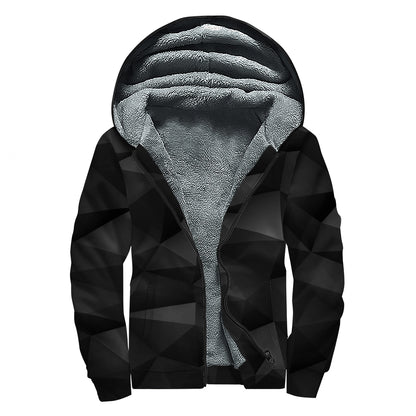Black Polygonal Geometric Print Sherpa Lined Zip Up Hoodie