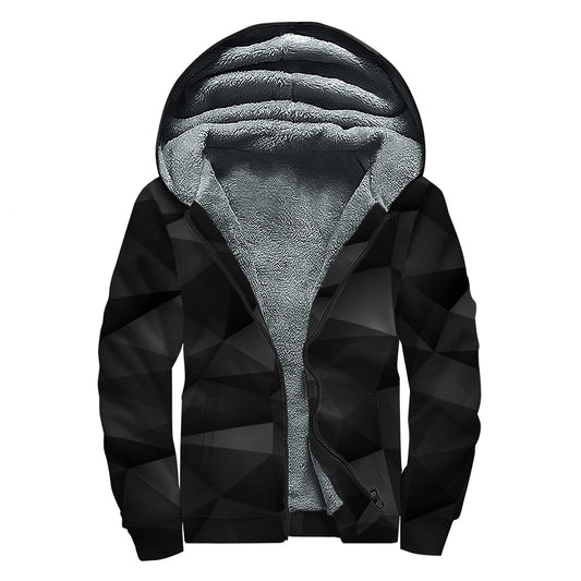 Black Polygonal Geometric Print Sherpa Lined Zip Up Hoodie