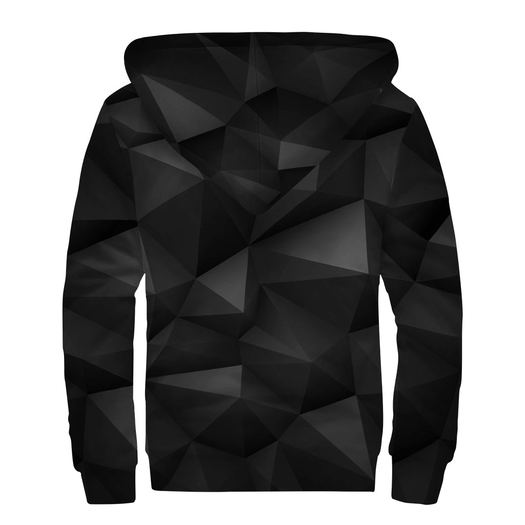 Black Polygonal Geometric Print Sherpa Lined Zip Up Hoodie
