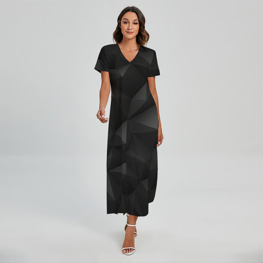 Black Polygonal Geometric Print Short Sleeve Maxi Dress