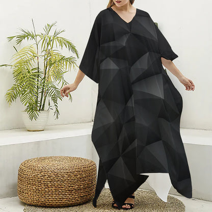 Black Polygonal Geometric Print Silk V-Neck Kaftan Dress