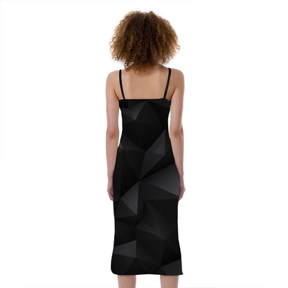 Black Polygonal Geometric Print Slim Fit Midi Cami Dress