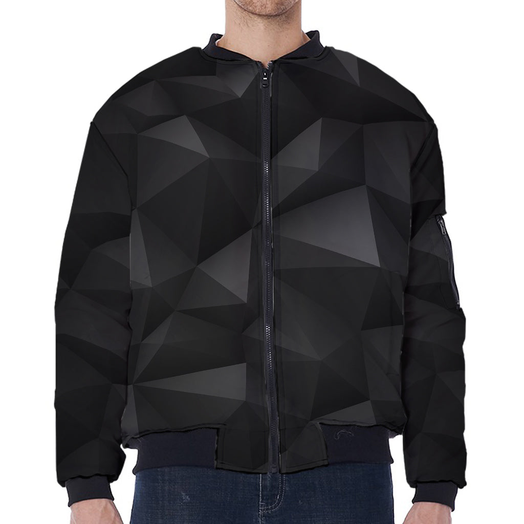 Black Polygonal Geometric Print Zip Sleeve Bomber Jacket