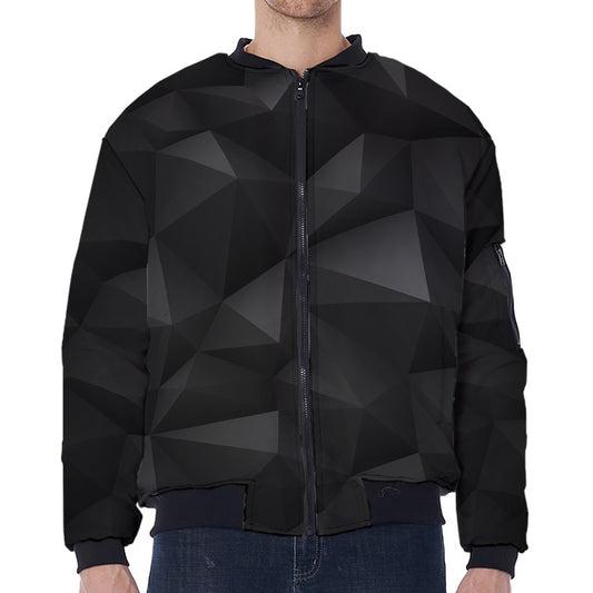 Black Polygonal Geometric Print Zip Sleeve Bomber Jacket