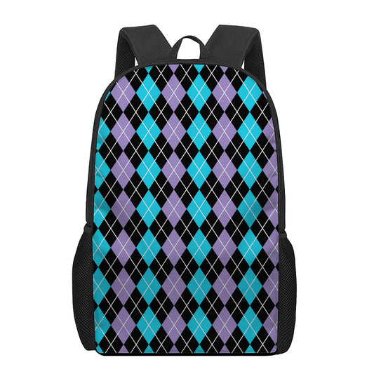 Black Purple And Blue Argyle Print 17 Inch Backpack