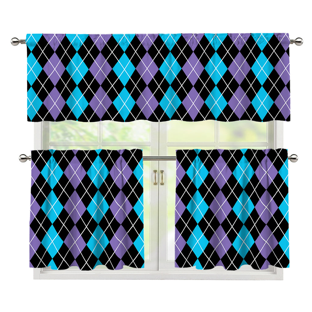 Black Purple And Blue Argyle Print 3 Piece Kitchen Curtains