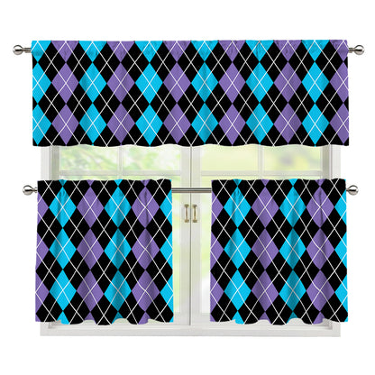 Black Purple And Blue Argyle Print 3 Piece Kitchen Curtains
