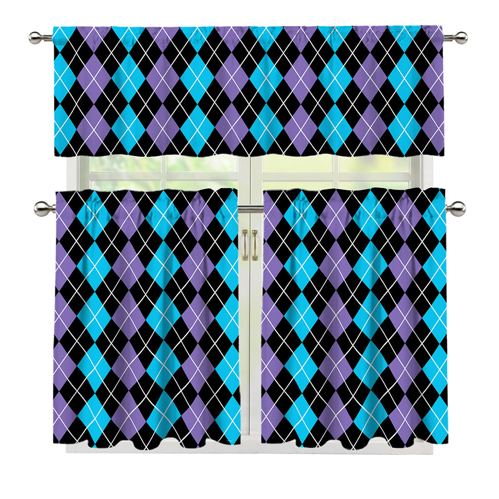 Black Purple And Blue Argyle Print 3 Piece Kitchen Curtains