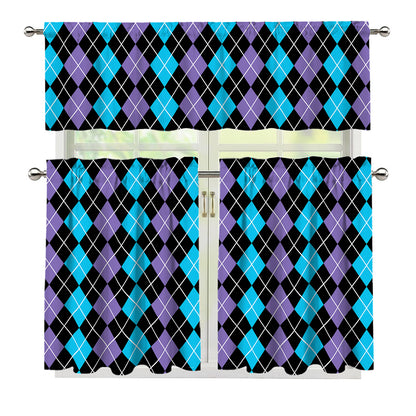 Black Purple And Blue Argyle Print 3 Piece Kitchen Curtains