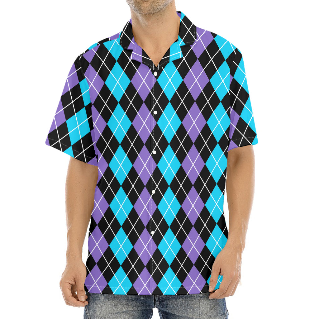 Black Purple And Blue Argyle Print Aloha Shirt