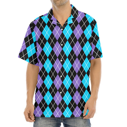 Black Purple And Blue Argyle Print Aloha Shirt