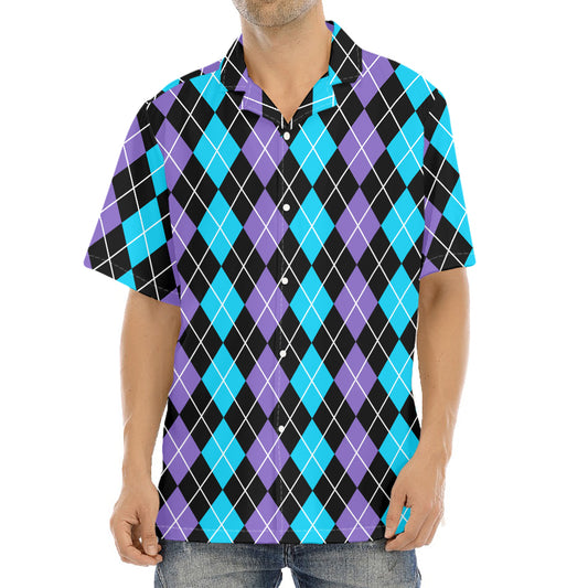 Black Purple And Blue Argyle Print Aloha Shirt