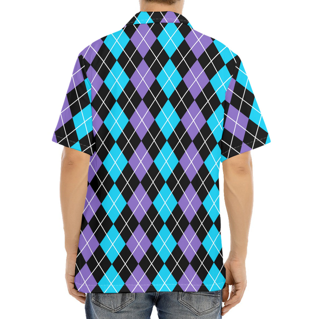 Black Purple And Blue Argyle Print Aloha Shirt