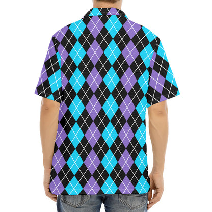 Black Purple And Blue Argyle Print Aloha Shirt