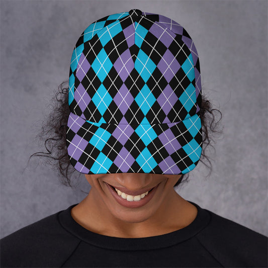 Black Purple And Blue Argyle Print Baseball Cap