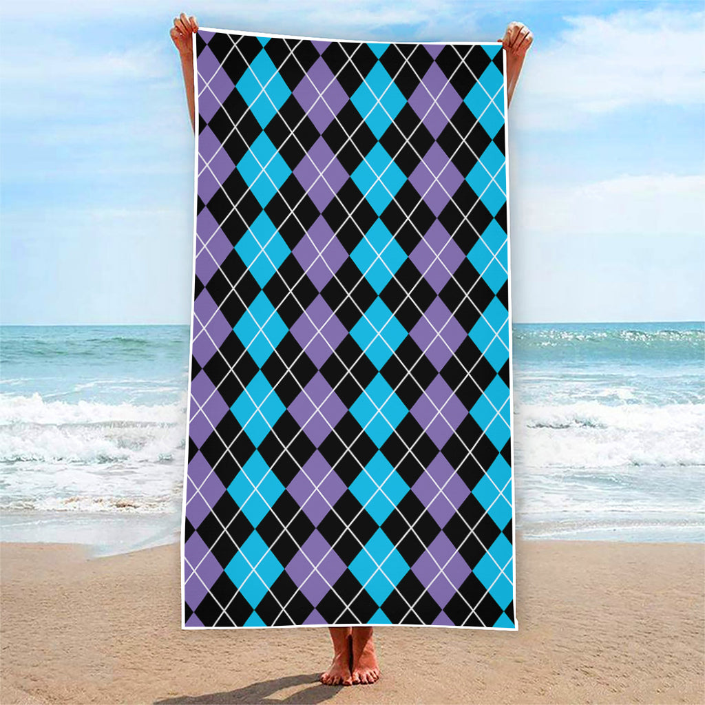 Black Purple And Blue Argyle Print Beach Towel