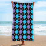 Black Purple And Blue Argyle Print Beach Towel