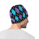 Black Purple And Blue Argyle Print Beanie