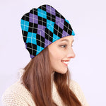 Black Purple And Blue Argyle Print Beanie