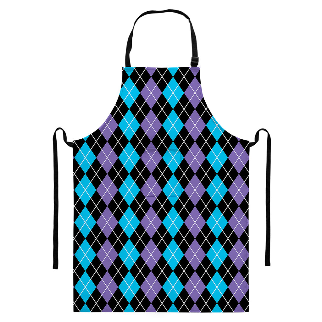 Black Purple And Blue Argyle Print Bib Apron With Pocket
