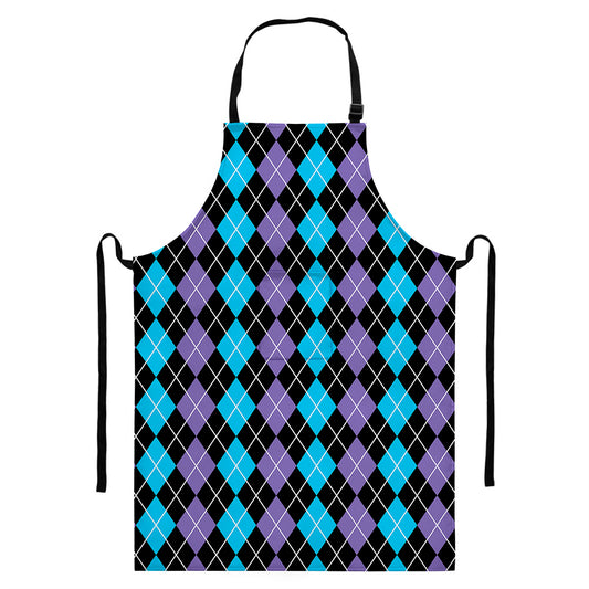 Black Purple And Blue Argyle Print Bib Apron With Pocket