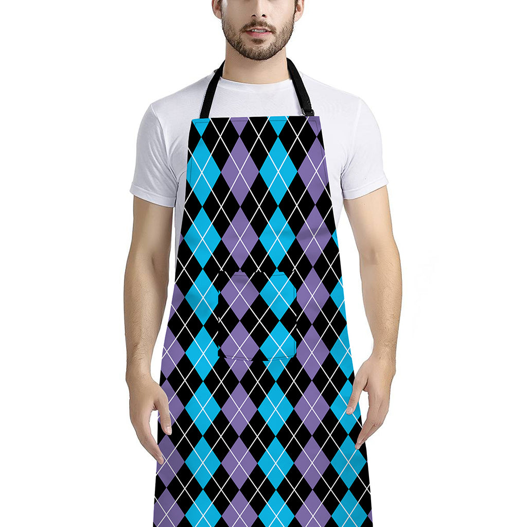 Black Purple And Blue Argyle Print Bib Apron With Pocket