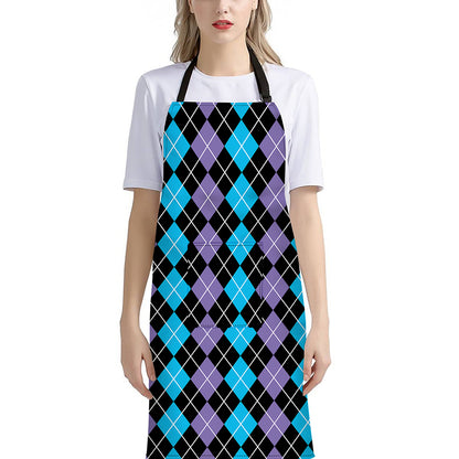 Black Purple And Blue Argyle Print Bib Apron With Pocket