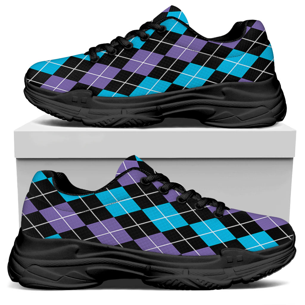 Black Purple And Blue Argyle Print Black Chunky Shoes