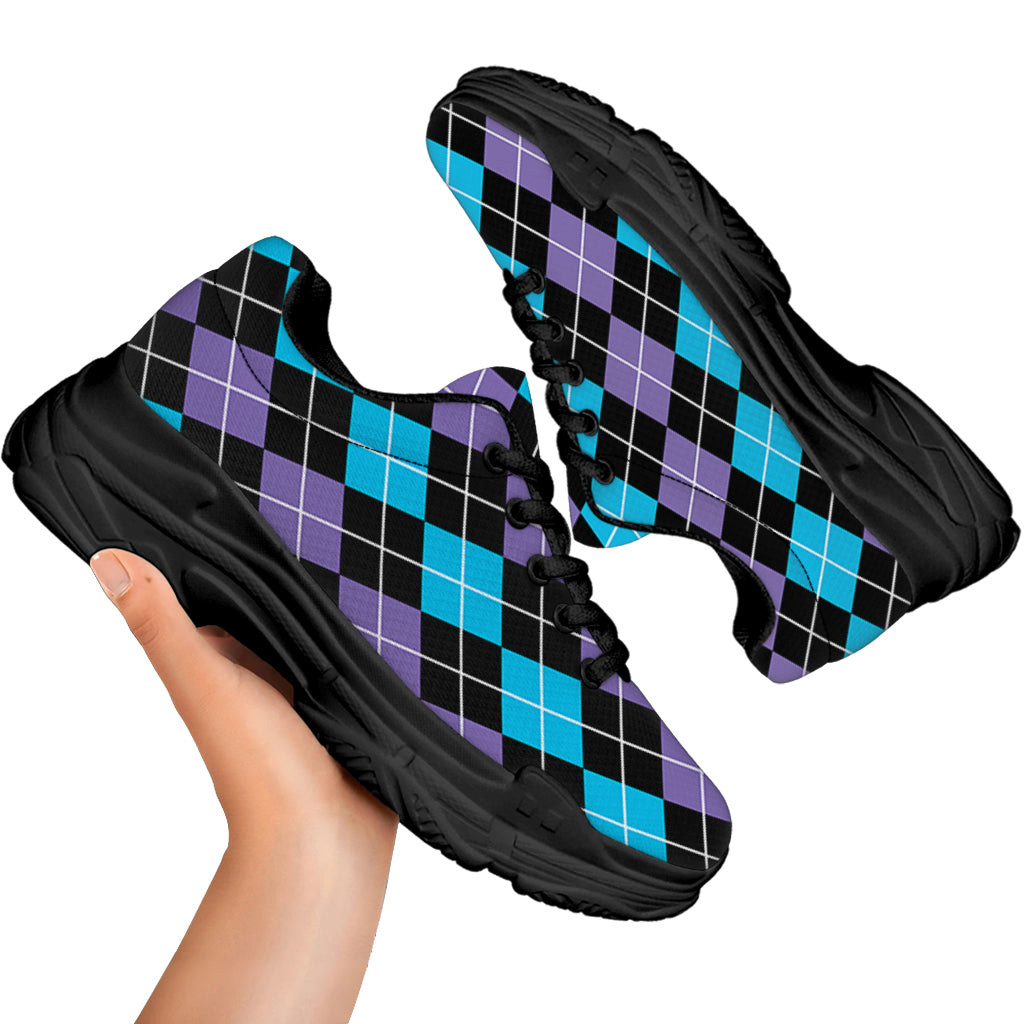 Black Purple And Blue Argyle Print Black Chunky Shoes
