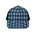 Black Purple And Blue Argyle Print Black Mesh Trucker Cap