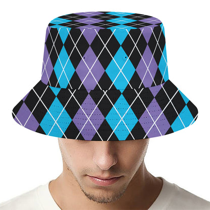 Black Purple And Blue Argyle Print Bucket Hat