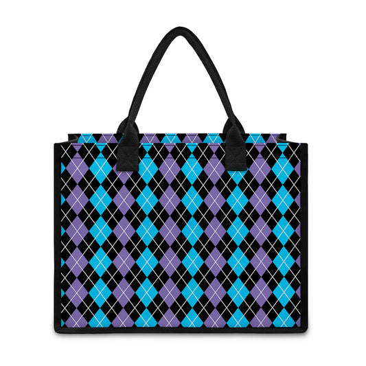 Black Purple And Blue Argyle Print Canvas Tote Bag