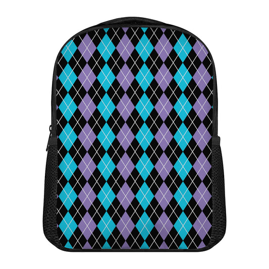 Black Purple And Blue Argyle Print Casual Backpack