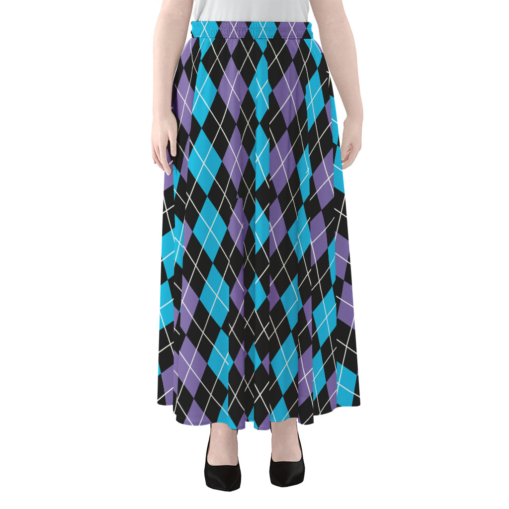 Black Purple And Blue Argyle Print Chiffon Maxi Skirt
