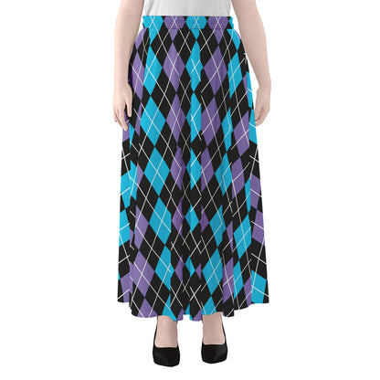 Black Purple And Blue Argyle Print Chiffon Maxi Skirt