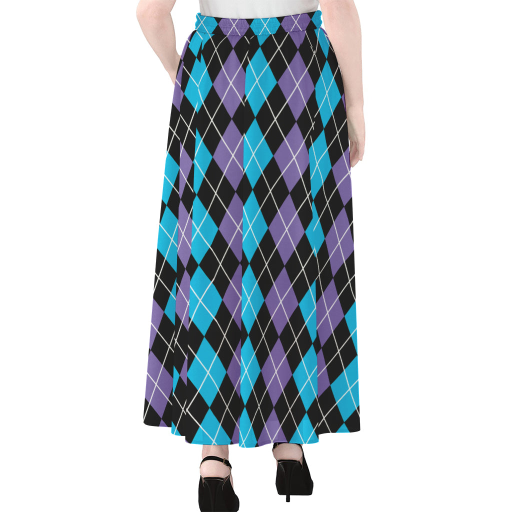 Black Purple And Blue Argyle Print Chiffon Maxi Skirt