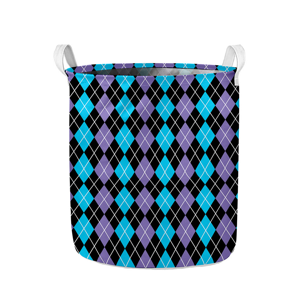 Black Purple And Blue Argyle Print Collapsible Laundry Basket