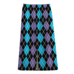 Black Purple And Blue Argyle Print Cotton Front Slit Maxi Skirt