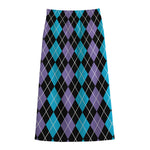 Black Purple And Blue Argyle Print Cotton Front Slit Maxi Skirt