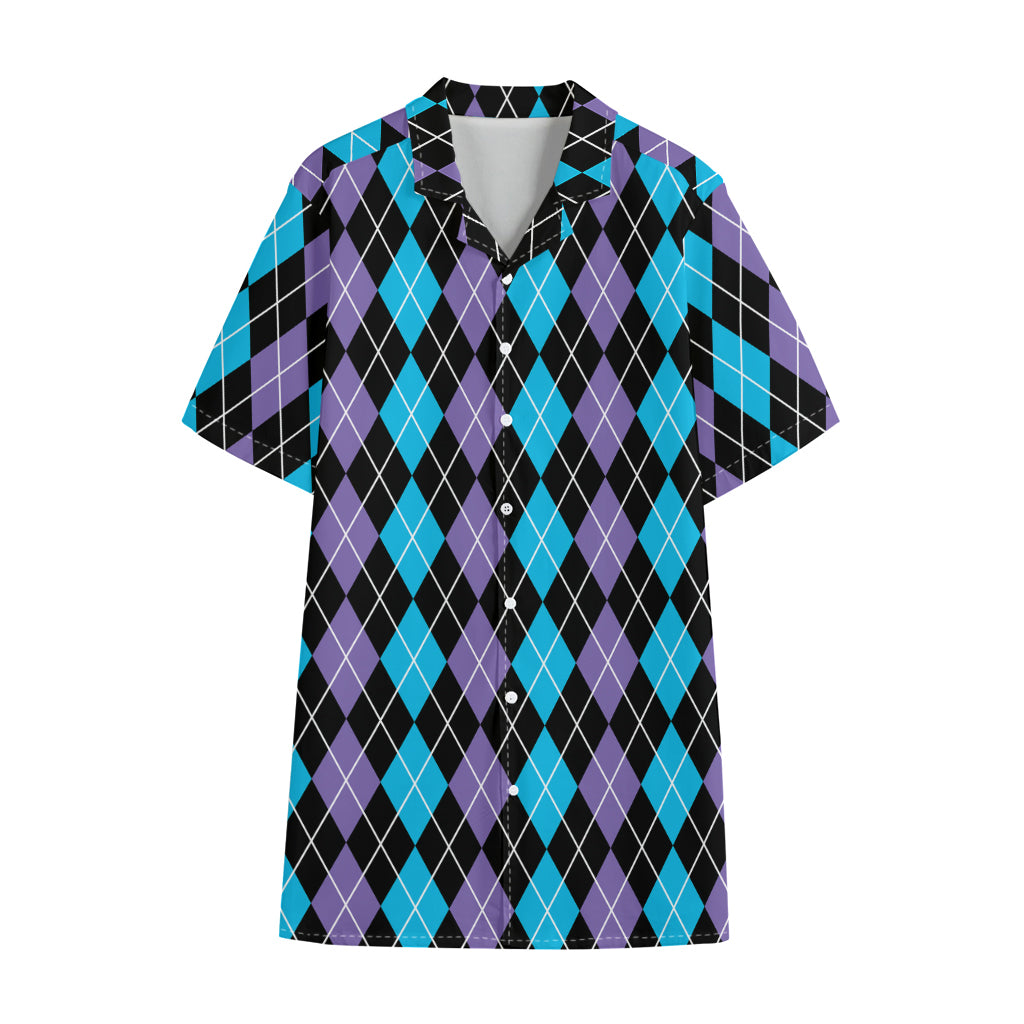 Black Purple And Blue Argyle Print Cotton Hawaiian Shirt