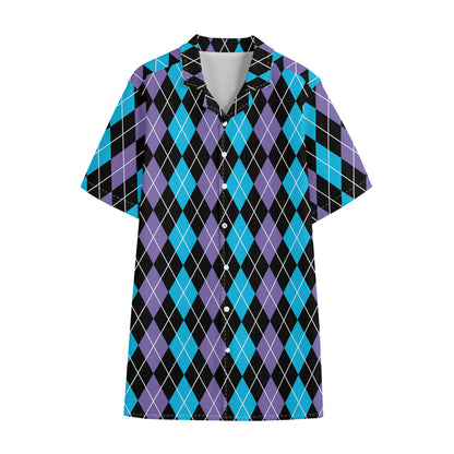 Black Purple And Blue Argyle Print Cotton Hawaiian Shirt