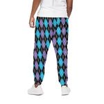 Black Purple And Blue Argyle Print Cotton Pants