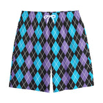 Black Purple And Blue Argyle Print Cotton Shorts
