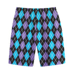 Black Purple And Blue Argyle Print Cotton Shorts