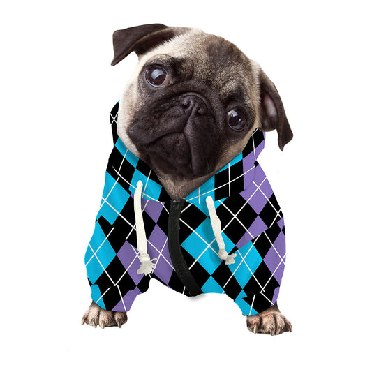 Black Purple And Blue Argyle Print Dog Zip Up Hoodie