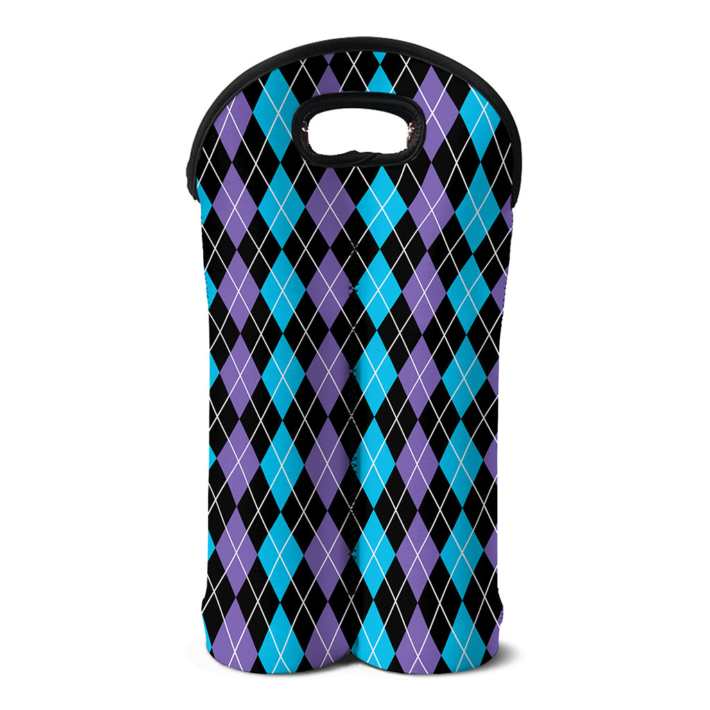 Black Purple And Blue Argyle Print Double Neoprene Wine Tote