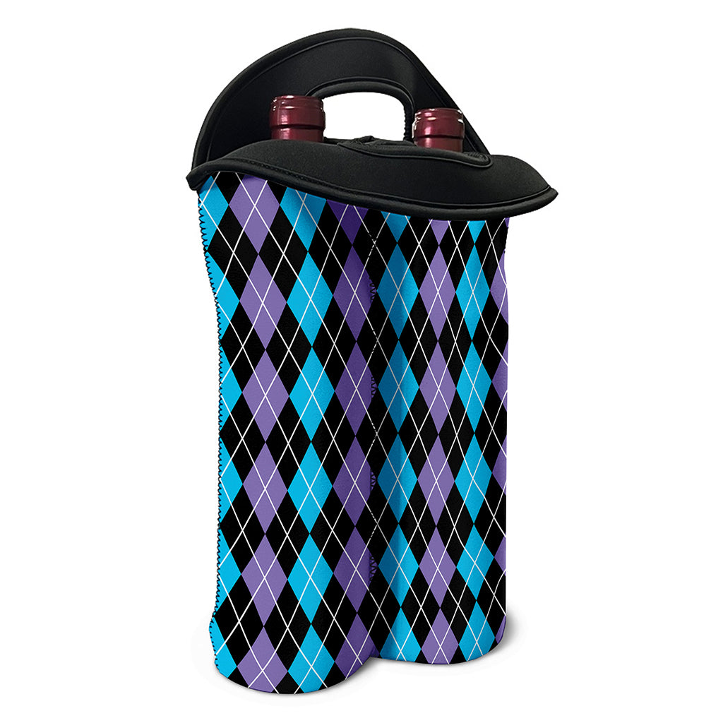 Black Purple And Blue Argyle Print Double Neoprene Wine Tote