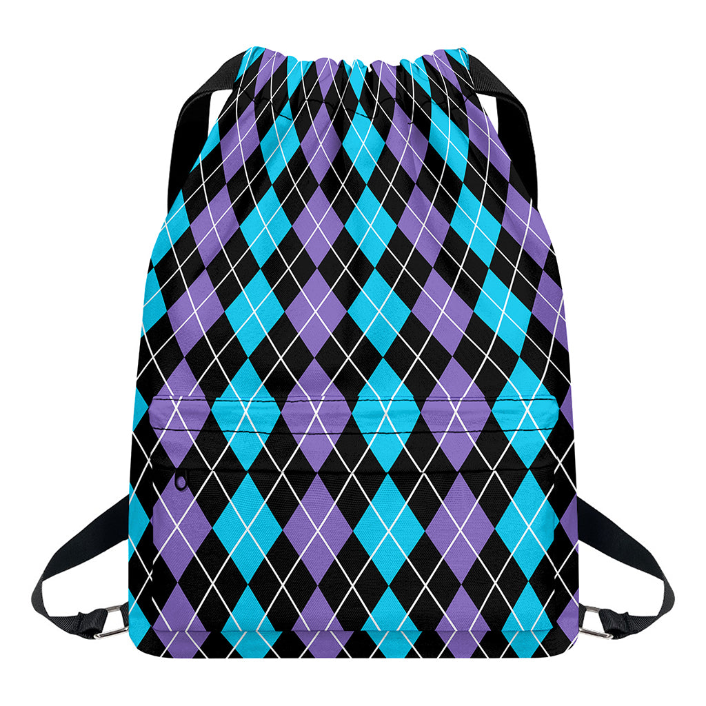 Black Purple And Blue Argyle Print Drawstring Backpack