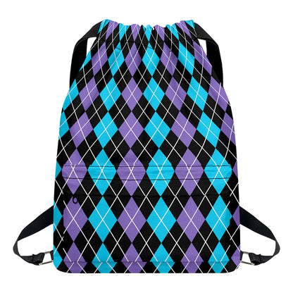 Black Purple And Blue Argyle Print Drawstring Backpack